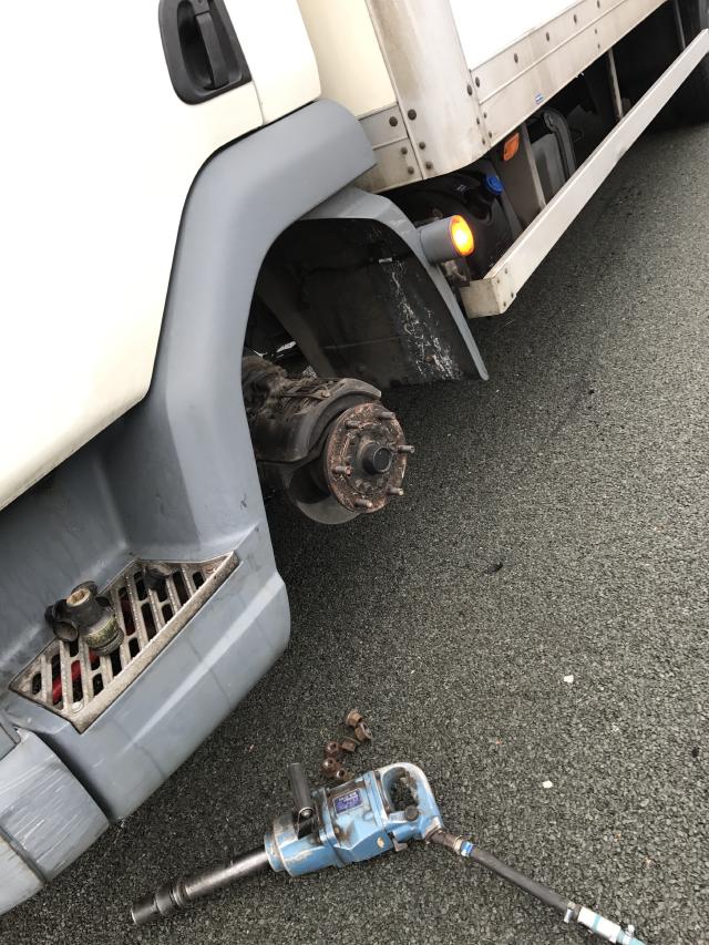 A photo of the missing wheel, the HGV is on a jack.